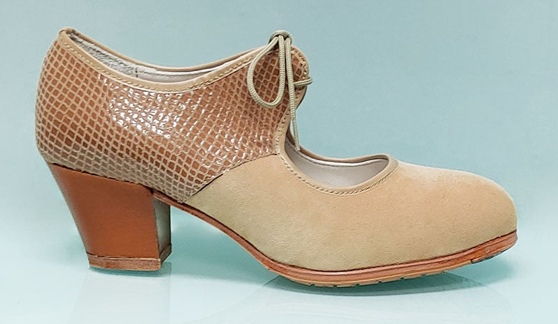 Zapato de baile flamenco profesional combinado en ante beige y fantasía