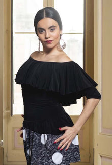 Agres Black Flamenco Top with Ruffle Neckline