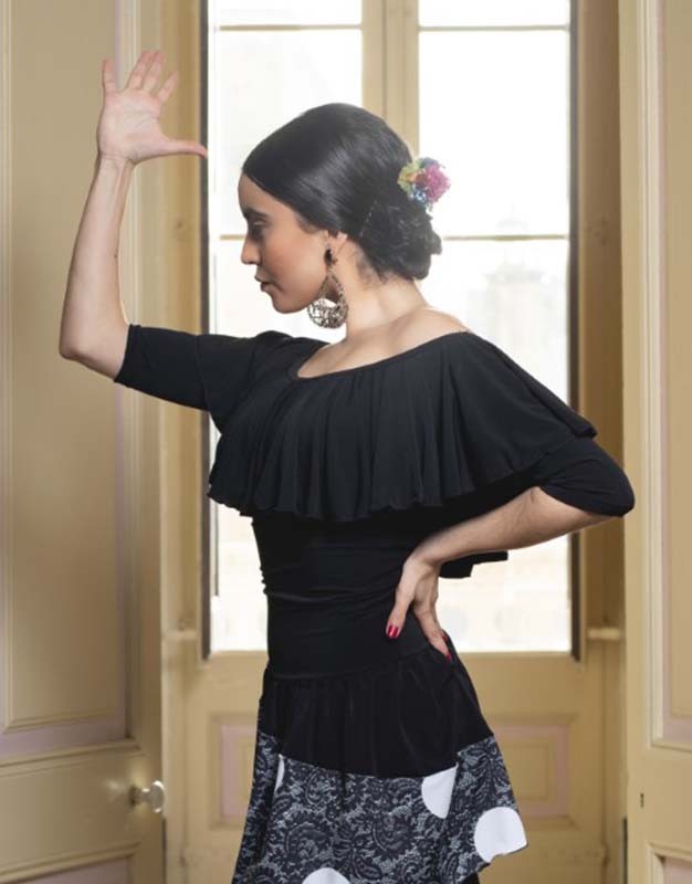 Agres Black Flamenco Top with Ruffle Neckline