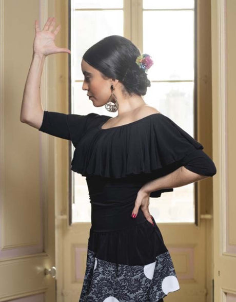 Agres Black Flamenco Top with Ruffle Neckline
