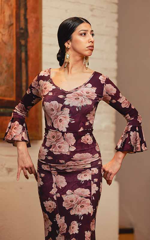 Body flamenco Cejilla de punto elástico estampado morado con flores rosas