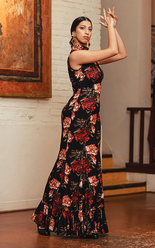 Vestido flamenco Ulea  negro con estampado de claveles