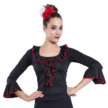 Top flamenco negro con chorrera y vivo rojo en volantes