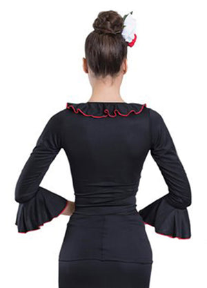 Haut de flamenco noir à volants et bordures rouges