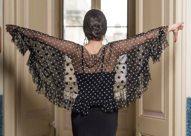 Haut cape flamenco Sanguinet en tulle noir à pois