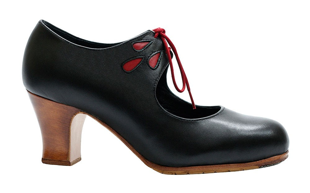 Chaussure de danse flamenco professionnelle en cuir noir avec ornement en forme de larme rouge