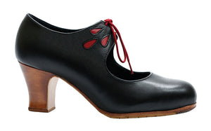 Chaussure de danse flamenco professionnelle en cuir noir avec ornement en forme de larme rouge