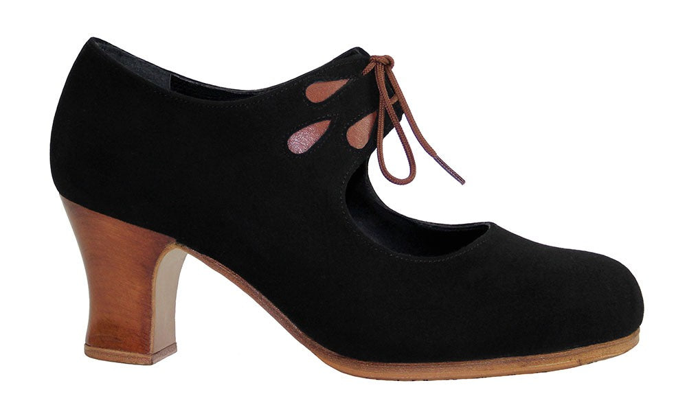 Professional flamenco dance shoe in black suede and brown tears