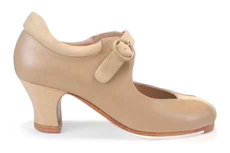 Chaussure de danse flamenco professionnelle en cuir beige à boucle large