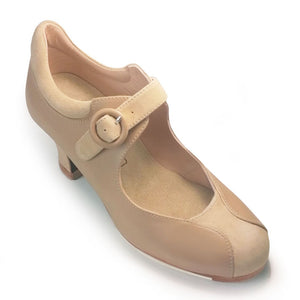 Chaussure de danse flamenco professionnelle en cuir beige à boucle large