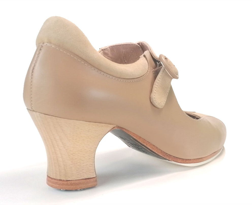 Chaussure de danse flamenco professionnelle en cuir beige à boucle large