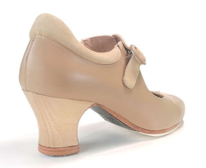 Chaussure de danse flamenco professionnelle en cuir beige à boucle large