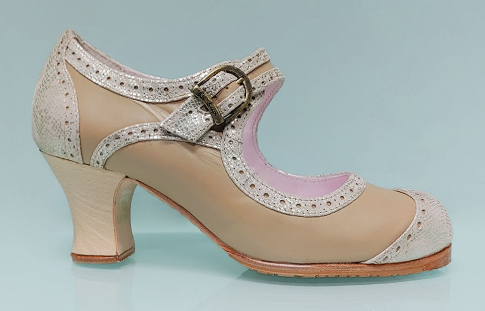 Chaussure de danse flamenco professionnelle combinée cuir beige et fantaisie