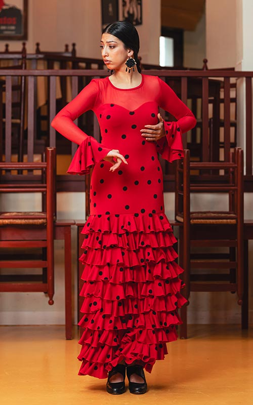 Vestido flamenco Barletta de punto elástico estampado rojo con lunares negros y mangas de tul con volante