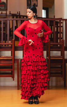 Vestido flamenco Barletta de punto elástico estampado rojo con lunares negros y mangas de tul con volante