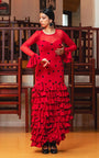 Vestido flamenco Barletta de punto elástico estampado rojo con lunares negros y mangas de tul con volante
