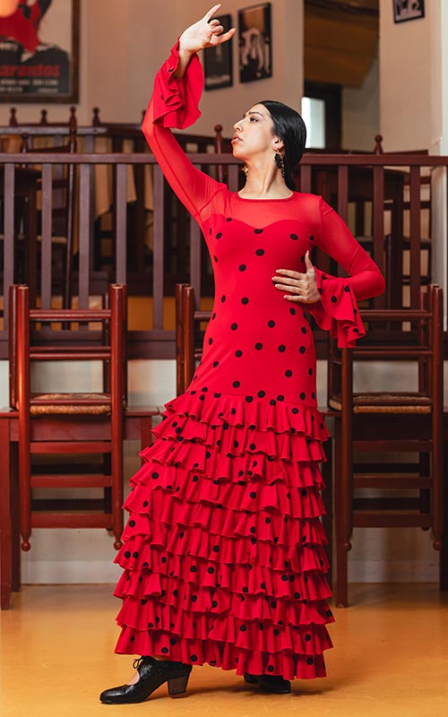 Vestido flamenco Barletta de punto elástico estampado rojo con lunares negros y mangas de tul con volante