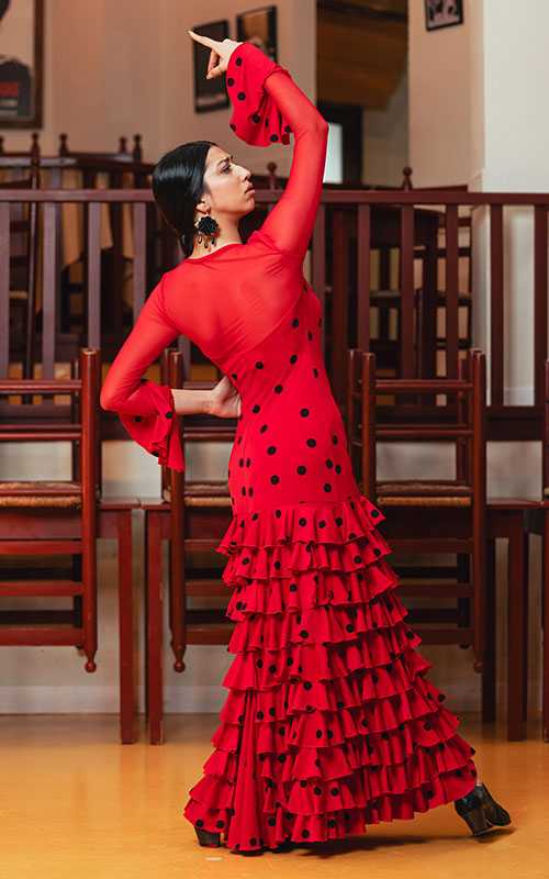 Vestido flamenco Barletta de punto elástico estampado rojo con lunares negros y mangas de tul con volante