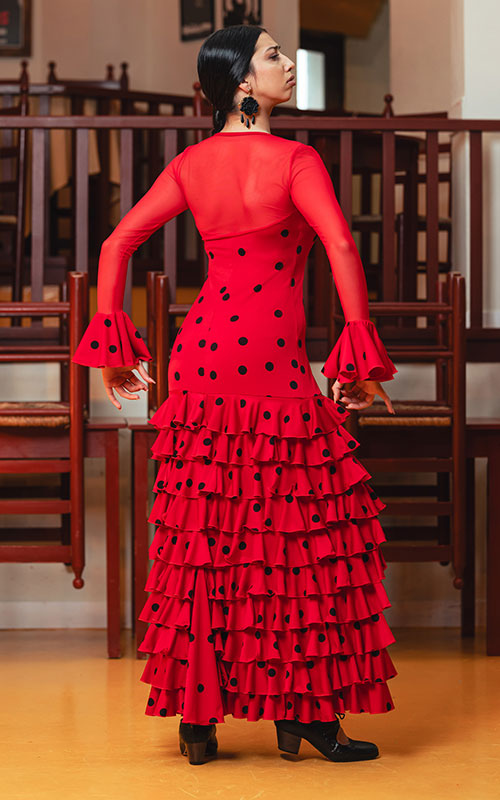 Vestido flamenco Barletta de punto elástico estampado rojo con lunares negros y mangas de tul con volante
