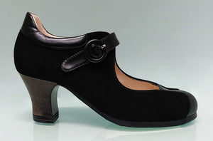 Chaussure de danse flamenco professionnelle en daim noir et cuir avec boucle