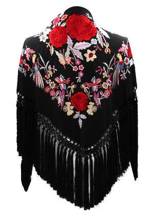 Black Shawl Embroidered with Multicolored Flowers and Red Roses 140 cm.