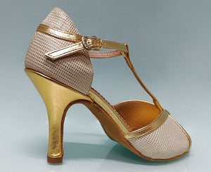 Chaussure de danse de salon combinée or et fantaisie.