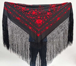 Mantón Seda Negro Bordado con Flores Rojas a Mano 140 cm.