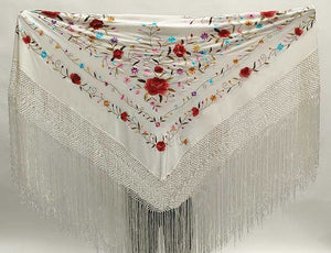 Mantón Seda Marfil Con Flores Multicolor  140 cm.