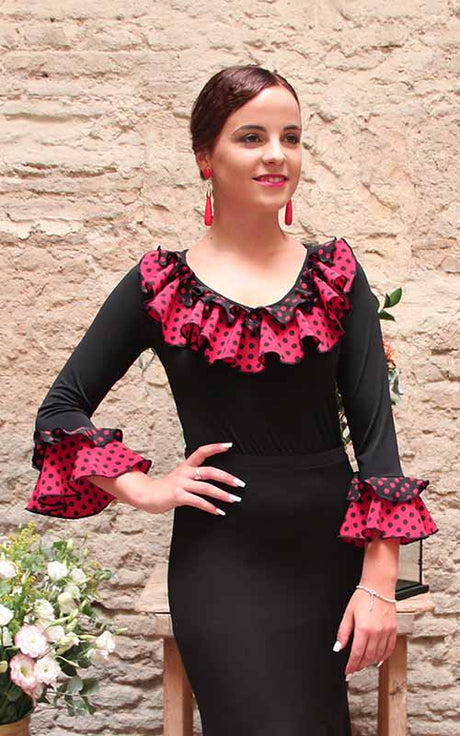 Black flamenco top with polka dot ruffles