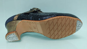 Chaussure de danse flamenco professionnelle, cuir verni coco noir et fantaisie dorée