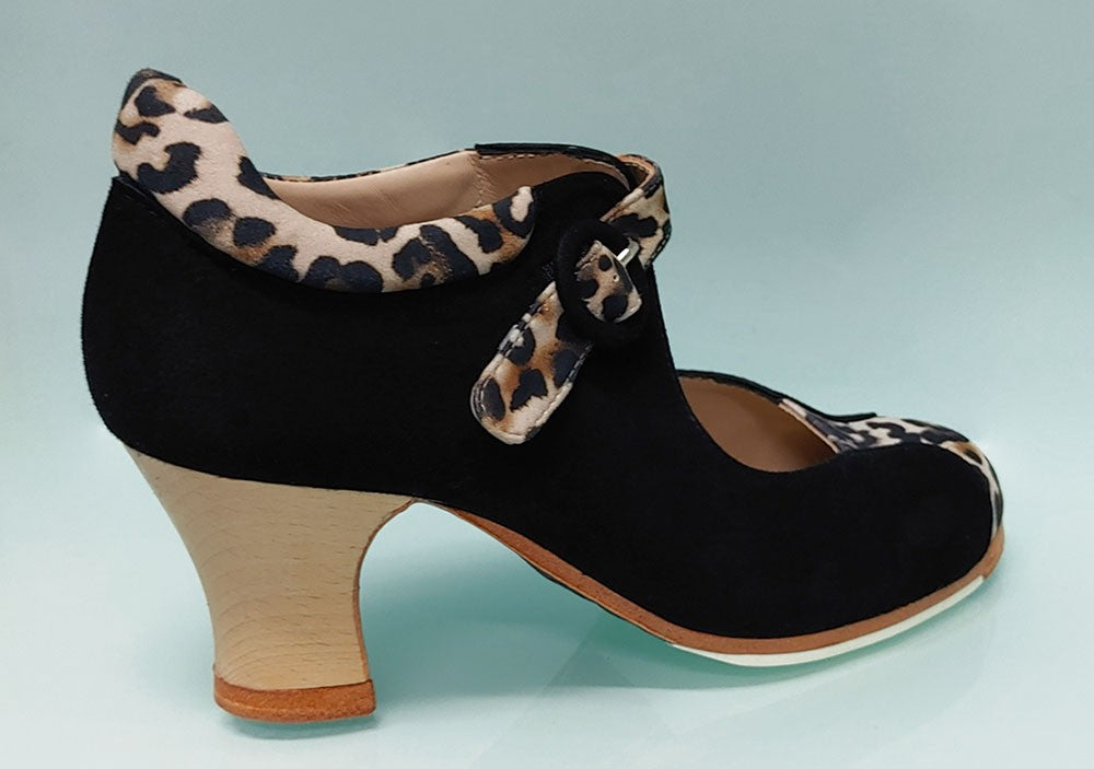 Chaussure de danse flamenco professionnelle en daim noir et imprimé animal