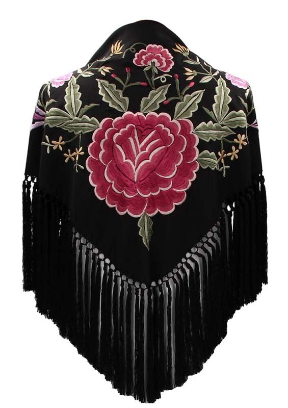Black Shawl Embroidered with Roses and Green Leaves 140 cm.