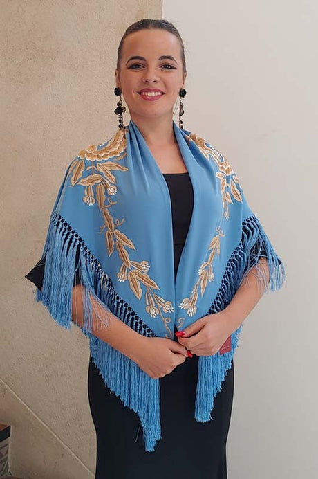 Châle Ducados Bleu Brodé Main de Fleurs Beiges 140 cm.