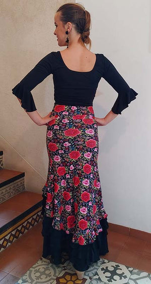 Falda Flamenco Estampada de Flores de Colores y Volantes Negros