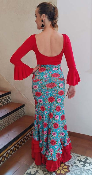 Falda Flamenco Estampada de Flores de Colores y Volantes Rojos