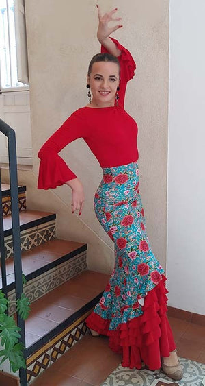 Falda Flamenco Estampada de Flores de Colores y Volantes Rojos
