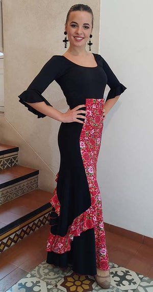 Falda Flamenco Negra con Estampado de Flores y Volantes