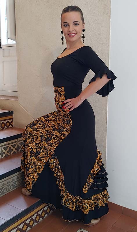 Falda Flamenco Negra-Oro con Estampado de Flores y Volantes