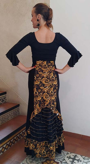 Falda Flamenco Negra-Oro con Estampado de Flores y Volantes