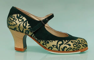 Chaussure de danse flamenco professionnelle en daim vert bouteille et fantaisie avec boucle