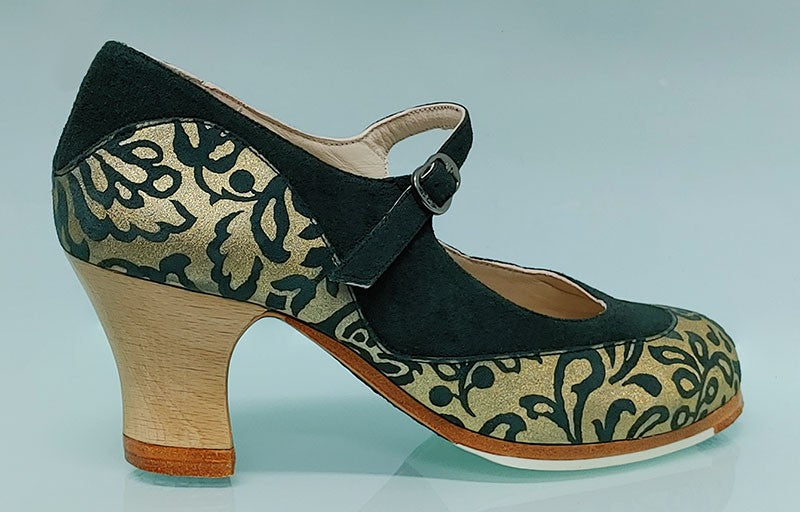 Chaussure de danse flamenco professionnelle en daim vert bouteille et fantaisie avec boucle