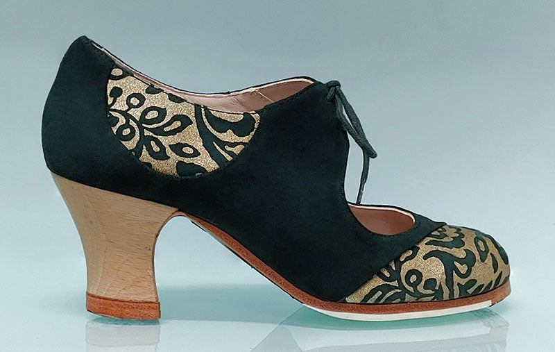 Professional Flamenco Dance Shoe in Green Suede and Gold Fancy Leather