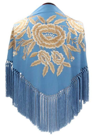 Blue Ducados Shawl Hand Embroidered with Beige Flowers 140 cm.