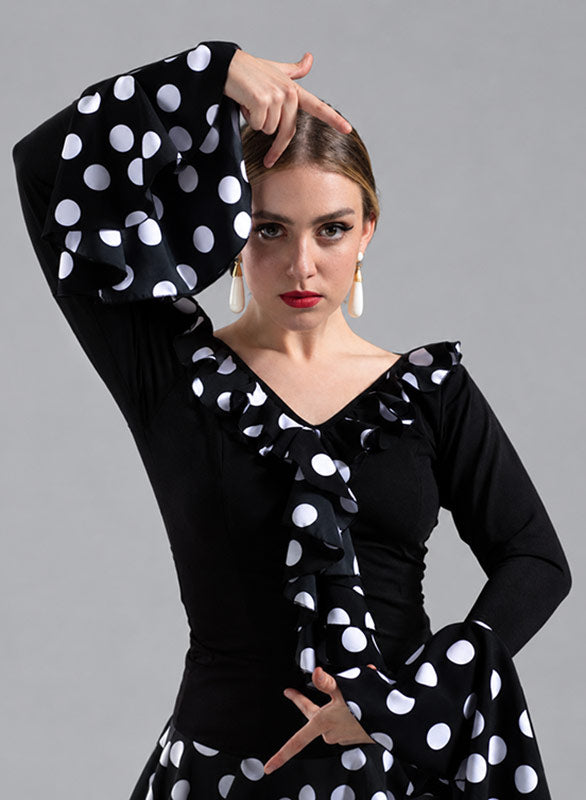 Haut flamenco noir à volants à pois