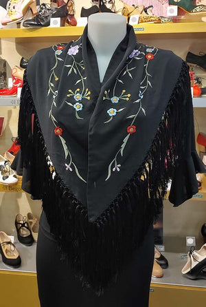 Black Shawl Embroidered with Red Flowers 130 cm.