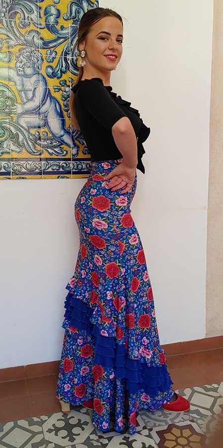 Jupe de flamenco bleue à imprimé floral et volants