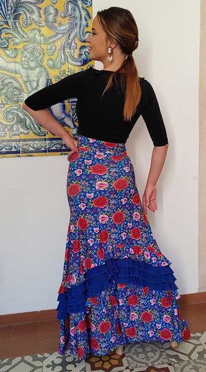 Falda Flamenco Azul Estampada de Flores con Volantes