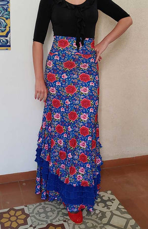 Falda Flamenco Azul Estampada de Flores con Volantes