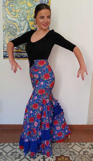 Falda Flamenco Azul Estampada de Flores con Volantes