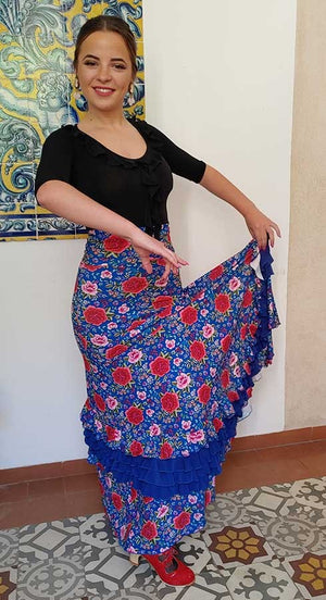 Falda Flamenco Azul Estampada de Flores con Volantes